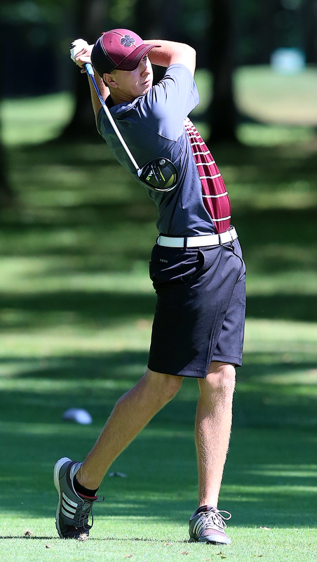 8-16-17 GOLF Boys  Boardman Spartans vs Howland Tigers at Tamer Wind Course, Cortland, OH..Boardman's Bryan Kordupel reacts to his tee shot on the 18th.