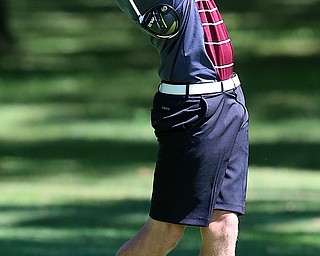 8-16-17 GOLF Boys  Boardman Spartans vs Howland Tigers at Tamer Wind Course, Cortland, OH..Boardman's Bryan Kordupel reacts to his tee shot on the 18th.