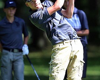 8-16-17 GOLF Boys  Boardman Spartans vs Howland Tigers at Tamer Wind Course, Cortland, OH..Howland's Colin Davis hits his tee shot on the 18th hole.