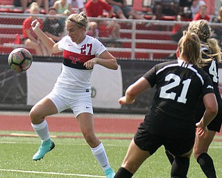 William D. Lewis The Vindicator  YSU'sSydney Ossege(27)) and Bonaventure's Maddie Mason(21) and Alex Pochop(4)) go for the ball during season opener Monday 8-21-17 at YSU.