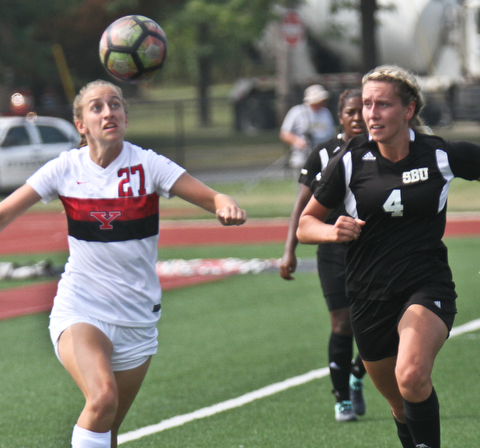 William D. Lewis The Vindicator  YSU's Sydney Ossege(27) and Bonaventure's Alex Pochop(4) go for the ball during 8-21-17 action at YSU.