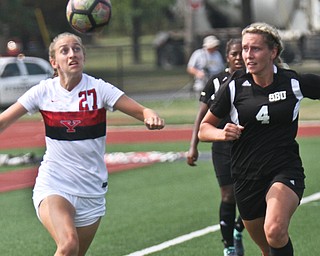 William D. Lewis The Vindicator  YSU's Sydney Ossege(27) and Bonaventure's Alex Pochop(4) go for the ball during 8-21-17 action at YSU.