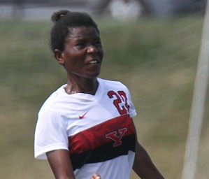 William D. Lewis The Vindicator  YSU's Rahse3da Abdul-Rahman(20) heads the ball during season opener Monday 8-21-17 at YSU.