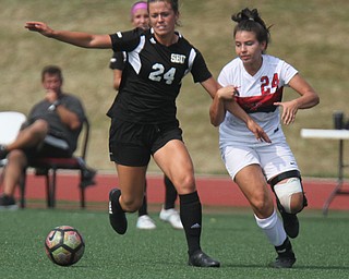 William D. Lewis The Vindicator  YSU's Kyler Lum(24) and Bonaventure's Rachel Collins(24) go for the ball during season opener Monday 8-21-17 at YSU.