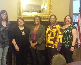Young Women’s Task Force and American Association of Women of Youngstown members, from left, are Leah Sakacs, chapter director of YWTF; Jorine Stone, president of AAUW; Dr. Jackson Leftwich, director of women and gender studies and an associate professor in the department of politics and international relations at Youngstown State University; Meryl Johnson, elected representative of the Ohio State board of education; and Leah Merritt, president and CEO of the YWCA.