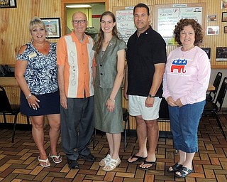 The Trumbull County Republican Party recently hosted its monthly breakfast at the Top Notch Diner in Cortland. Sarah Fowler, representing District 7 of the Ohio State Board of Education, spoke on the repeal of Common Core. Pictured, above from left, are Marleah Campbell, auxiliary chairwoman; Ron Knight, third vice chairman; Fowler; J.D. Williams, first vice chairman; and Cathy Lukasko, treasurer. The next breakfast will take place at 9 a.m. Sept. 23 at the Girard Multi-Generational Center.