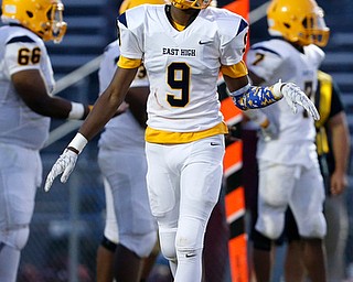MICHAEL G TAYLOR | THE VINDICATOR-8-25-17 FOOTBALL Youngstown Golden Bears vs Boardman Spartans at Rayen Stadium, Youngstown, OH 2nd qtr., East''s #9 Llijah Donley reacts to a turnover by East on downs.