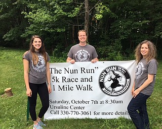 The Ursuline Sisters HIV/AIDS Ministry will host its third annual Nun Run 5K Race/1 Mile Walk on Oct. 7 at the Ursuline Center, 4280 Shields Road, Canfield. Registration is $20 if received by Oct. 6, or $25 the day of the event. On the day of the event, registration will open in the auditorium at 7:30 a.m. The Kids Fun Run begins at 8:15 a.m., followed by the 1 mile walk at 8:30 and the 5K Race at 9. Several awards will be given. Proceeds will benefit the Ursuline Sister HIV/AIDS Ministry. For more details, contact Daniel Wakefield at 330-770-3061 or by email at dwakefield@ursulinesistersaids.org. Above, from left, are Kelly Dahman, child advocate; Wakefield, interim ministry director; and Linda Titus, child and family program director, all of the HIV/AIDS Ministry.

