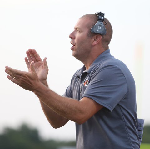 Springfield Local Tiger head coach Sean Guerriero during the second quarter as Springfield local takes on South Range, Saturday, August 26, 2017, at Raider's stadium at the Rominger Sports Complex in Canfield...(Nikos Frazier | The Vindicator)..