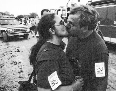 1992 Canfield Fair Demo Derby driver Andy Smeltzer of Youngstown gets a good luck kiss from his wife Edie Smeltzer before the derby 09071992.