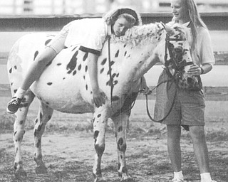 Lisa Campbell, 12, of Berlin Center lays on her horse Apache. Her friend Susan Kerr, 13, of Pland holds the horse during the 1992Canfield Fair.