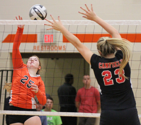 William D. Lewis The Vindicator Howland's Dani Harigan(25)  returns a shot past Canfield's Natalie Maras(23)) during 8-3--17 action at Howland.