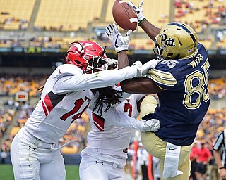 PITTSBURGH, PENNSYLVANIA - SEPTEMBER 2, 2017:  Pittsburgh's Jester Weah has the ball knocked out of his hands by Youngstown State's Solomon Warfield, left, and Bryce Gibson during the first half of their game Saturday afternoon at Heinz Field. Pitt won 28-21 in overtime. (DAVID DERMER | THE VINDICATOR)