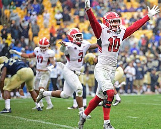 PITTSBURGH, PENNSYLVANIA - SEPTEMBER 2, 2017:  Youngstown State's Kyle Hegedus, front, and Cash Mitchell celebrate after Pittsburgh kicker Alex Kessman missed a game winning field goal attempt at the end of regulation during the their game Saturday afternoon at Heinz Field. Pitt won 28-21 in overtime. (DAVID DERMER | THE VINDICATOR)