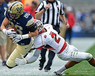 PITTSBURGH, PENNSYLVANIA - SEPTEMBER 2, 2017:  Pittsburgh's Tyler Sear is hit out of bounds by Youngstown State's Darius Shackleford during the first half of their game Saturday afternoon at Heinz Field. Pitt won 28-21 in overtime. (DAVID DERMER | THE VINDICATOR)