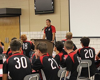 Neighbors | Abby Slanker.Canfield High School boys and girls Head Coach Phil Simone spoke to team members, families and friends at the teams’ annual Meet the Team event on Aug. 14.