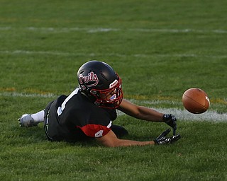 Campbell receiver Nikita Klimis(4) leans down but misses the catch in the second quarter as East Palestine takes on Campbell, Friday, Sept. 8, 2017, at John Knapick Field at Campbell Memorial High School in Campbell...(Nikos Frazier | The Vindicator)..