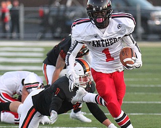 William D. Lewis The Vindicator Harding's Jalen Hooks(1)) is stopped by MAssilons Logan Anania(1) during 9-8-17 game at Harding.