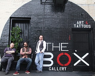 (from left) Joe "Little Joe" Perry, Aaron Chine and Brian Camelli pose for a photo, Thursday, August 24, 2017 at The Box Gallery in Warren...(Nikos Frazier | The Vindicator)