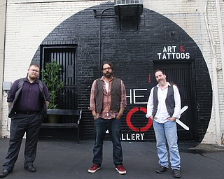 (from left) Joe "Little Joe" Perry, Aaron Chine and Brian Camelli pose for a photo, Thursday, August 24, 2017 at The Box Gallery in Warren...(Nikos Frazier | The Vindicator)