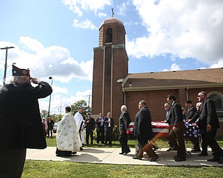 A veteran salutes as the casket bearing former state Sen. Harry Meshel's exits the church, Sept. 9, 2017, at St. Nicholas Greek Orthodox Church in Youngstown...(Nikos Frazier | The Vindicator)
