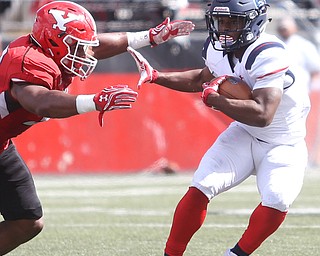 Robert Morris University wide receiver Harrison Dreher (6) looks to shed incoming Youngstown State University defensive end Fazson Chapman (98) in the second quarter as Robert Morris University takes on Youngstown State University, Saturday, Sept. 9, 2017, at Stambaugh Stadium in Youngstown. Youngstown State won 30-0...(Nikos Frazier | The Vindicator)..