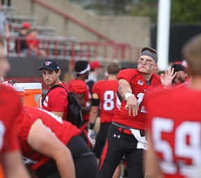 Youngstown State University wide receiver Ricky Davis (12) warms up in the second quarter as Robert Morris University takes on Youngstown State University, Saturday, Sept. 9, 2017, at Stambaugh Stadium in Youngstown. Youngstown State won 30-0...(Nikos Frazier | The Vindicator)..