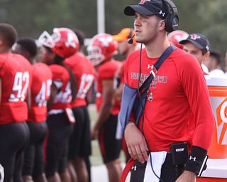 Youngstown State University quarterback Hunter Wells (6) watches the play in the second quarter as Robert Morris University takes on Youngstown State University, Saturday, Sept. 9, 2017, at Stambaugh Stadium in Youngstown. Youngstown State won 30-0...(Nikos Frazier | The Vindicator)..