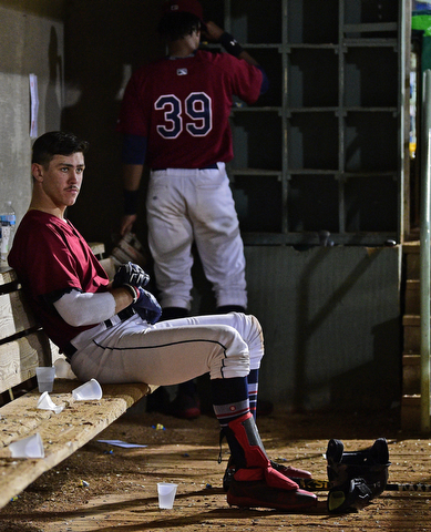 NILES, OHIO - SEPTEMBER 11, 2017: Mahoning Valley's Nolan Jones hangs his head in the dugout after the Vermont Lake Monsters defeated the Scrappers 3-0 in a elimination playoff game Monday night at Eastwood Field. DAVID DERMER | THE VINDICATOR