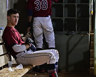 NILES, OHIO - SEPTEMBER 11, 2017: Mahoning Valley's Nolan Jones hangs his head in the dugout after the Vermont Lake Monsters defeated the Scrappers 3-0 in a elimination playoff game Monday night at Eastwood Field. DAVID DERMER | THE VINDICATOR
