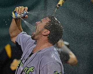 NILES, OHIO - SEPTEMBER 11, 2017: Vermont's Jarrett Costa celebrates in the outfield after after the Vermont Lake Monsters defeated the Scrappers 3-0 in a elimination playoff game Monday night at Eastwood Field. DAVID DERMER | THE VINDICATOR