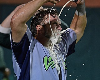 NILES, OHIO - SEPTEMBER 11, 2017: Vermont's Jarrett Costa celebrates in the outfield after after the Vermont Lake Monsters defeated the Scrappers 3-0 in a elimination playoff game Monday night at Eastwood Field. DAVID DERMER | THE VINDICATOR
