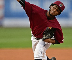 NILES, OHIO - SEPTEMBER 11, 2017: Mahoning Valley starting pitcher Gregori Vasquez delivers in the second inning of Monday nights New York - Penn League playoff game at Eastwood Field. DAVID DERMER | THE VINDICATOR
