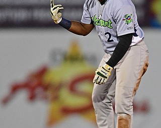 NILES, OHIO - SEPTEMBER 11, 2017: Vermont's Logan Farrar celebrates after hitting a RBI double in the third inning of Monday nights New York - Penn League playoff game at Eastwood Field. DAVID DERMER | THE VINDICATOR