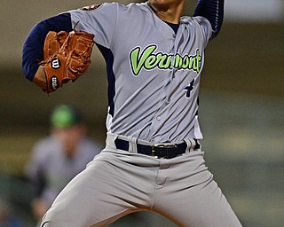 NILES, OHIO - SEPTEMBER 11, 2017: Vermont starting pitcher Jesus Luzardo delivers in the third inning of Monday nights New York - Penn League playoff game at Eastwood Field. DAVID DERMER | THE VINDICATOR