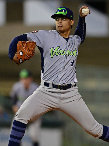 NILES, OHIO - SEPTEMBER 11, 2017: Vermont starting pitcher Jesus Luzardo delivers in the third inning of Monday nights New York - Penn League playoff game at Eastwood Field. DAVID DERMER | THE VINDICATOR