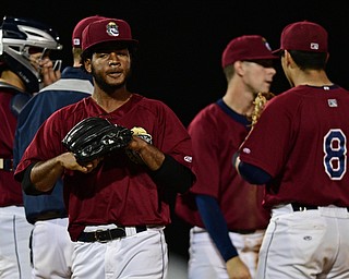 NILES, OHIO - SEPTEMBER 11, 2017: Mahoning Valley starting pitcher Gregori Vasquez walks to the dugout after being relived from he game by manager Luke Carlin in the fifth inning of Monday nights New York - Penn League playoff game at Eastwood Field. DAVID DERMER | THE VINDICATOR