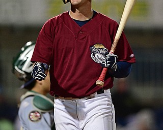 NILES, OHIO - SEPTEMBER 11, 2017: Mahoning Valley's Austin Wade walks to the dugout after striking out in the fifth inning of Monday nights New York - Penn League playoff game at Eastwood Field. DAVID DERMER | THE VINDICATOR