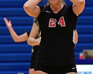 HUBBARD, OHIO - SEPTEMBER 12, 2017: Canfield's Marissa Yourstowsky reacts after a call from the referee that awarded Hubbard a point during their match, Tuesday night at Hubbard High School. DAVID DERMER | THE VINDICATOR..Referee award Hubbard point after four Canfield hits, Canfield players and coaches protested they only hit it three times.