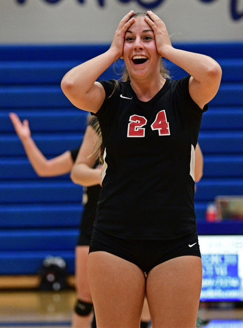 HUBBARD, OHIO - SEPTEMBER 12, 2017: Canfield's Marissa Yourstowsky reacts after a call from the referee that awarded Hubbard a point during their match, Tuesday night at Hubbard High School. DAVID DERMER | THE VINDICATOR..Referee award Hubbard point after four Canfield hits, Canfield players and coaches protested they only hit it three times.