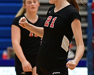 HUBBARD, OHIO - SEPTEMBER 12, 2017: Canfield's Alexis Metille celebrates after a Canfield point during their match, Tuesday night at Hubbard High School. DAVID DERMER | THE VINDICATOR