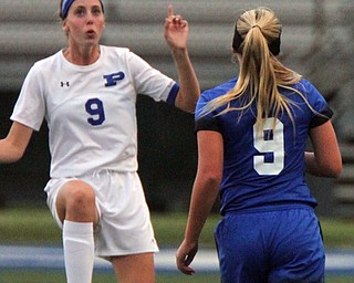 William D. Lewis the Vindicator  Poland's Maggie Sebest(9) and Lakeview's Reagan Rosenberger(9)during 9-13-17 action in Poland/