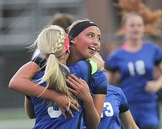 William D. Lewis the Vindicator Lakeview's Reagan Roenberger(9) gets congrats from Sam Yanci(3) after scoring during 9-13-17 action in Poland/