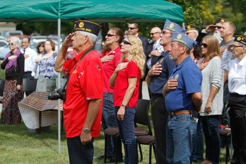    ROBERT K. YOSAY  | THE VINDICATOR..Post 472 and Neil Kennedy Recovery Centers joined forces to paint the flag pole and raise a new flag - with the date 9/11 - as a background Jeff Gulling and Gene Apgar with  Tri-State Marine Corps League #494  officially raised the new flag ...-30-