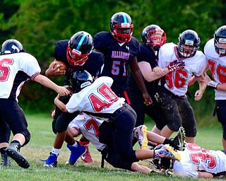 Neightbors | Submitted .Canfield Village Middle School defenders Caden Kohout (40) and Dom DiDanado (46) brought down an Alliance runner. Kohout also scored an 18 yard touchdown during game.