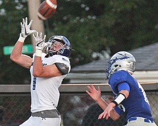 William D. Lewis The Vindicator  Lakeview's NOAH OLEJNK(1) PULLS IN A PASS  PAST HUBBARD'S JAMIE THOMSON(15) TO SCORE during 2nd qtr action at Hubbard 9-15-17.