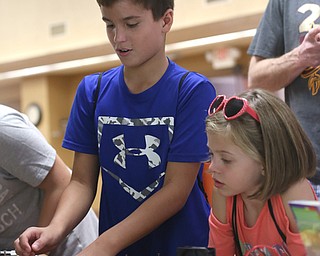 Brynn Bornhorst(7) of Minster, Ohio, watches cousin Bryan Shaw(10) of Boardman completes an electrical circuit at the OHWOW! booth during the annual Outdoor Family Fun Day, Saturday, Sept. 16, 2017, at Boardman Park in Boardman...(Nikos Frazier | The Vindicator)..