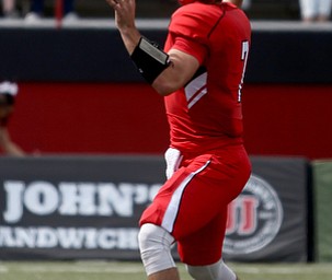 Youngstown State University quarterback Nathan Mays (7) throws to an open receiver in the first quarter as Youngstown State takes on Central Connecticut State, Saturday, Sept. 16, 2017, at Stambaugh Stadium in Youngstown. Youngstown State won 59-9...(Nikos Frazier | The Vindicator)..