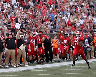 Youngstown State University tail back Tevin McCaster (37) runs into the end zone for a touchdown in the first quarter as Youngstown State takes on Central Connecticut State, Saturday, Sept. 16, 2017, at Stambaugh Stadium in Youngstown. Youngstown State won 59-9...(Nikos Frazier | The Vindicator)..