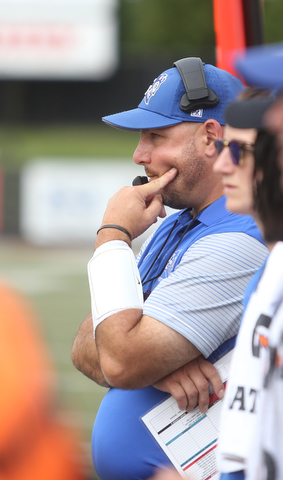 Central Connecticut State University Blue Devils head coach Pete Rossomando watches a play in the first quarter as Youngstown State takes on Central Connecticut State, Saturday, Sept. 16, 2017, at Stambaugh Stadium in Youngstown. Youngstown State won 59-9...(Nikos Frazier | The Vindicator)..